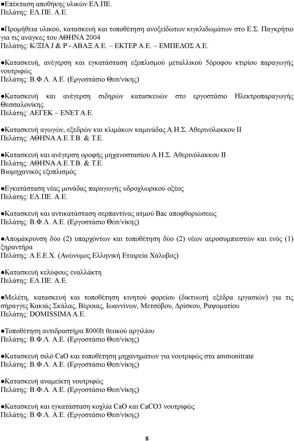 Φ.Λ. Α.Ε. (Εργοστάσιο Θεσ/νίκης) Κατασκευή και ανέγερση σιδηρών κατασκευών στο εργοστάσιο Ηλεκτροπαραγωγής Θεσσαλονίκης Πελάτης: ΑΕΓΕΚ ΕΝΕΤ Α.Ε. Κατασκευή αγωγών, εξεδρών και κλιμάκων καμινάδας Α.Η.Σ.