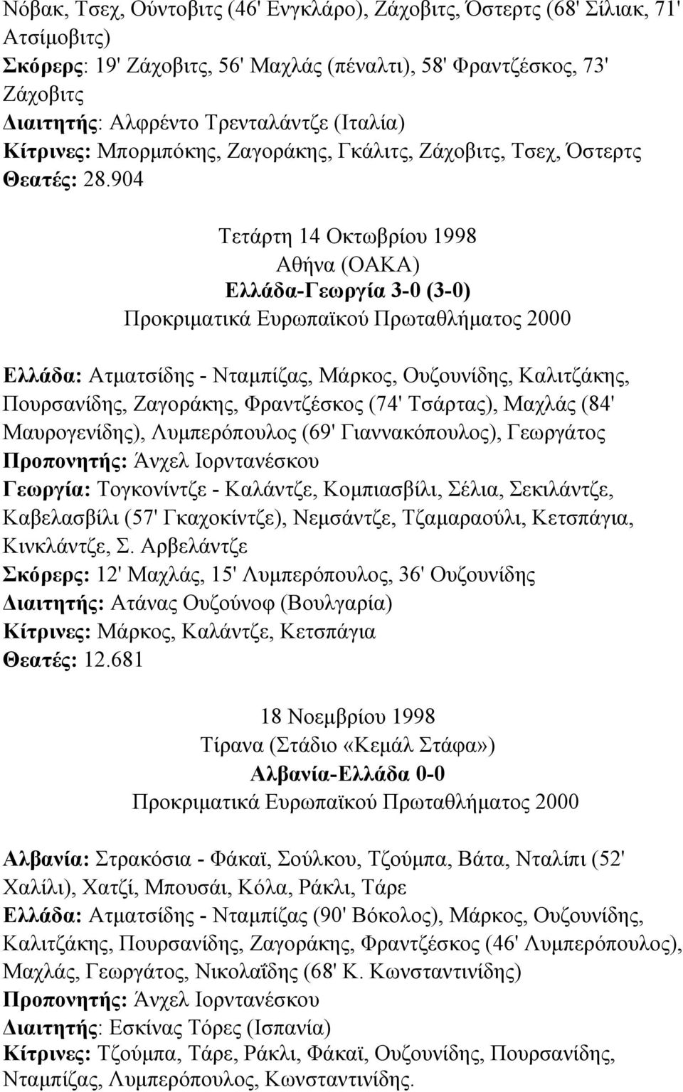 904 Τετάρτη 14 Οκτωβρίου 1998 Αθήνα (ΟΑΚΑ) Ελλάδα-Γεωργία 3-0 (3-0) Προκριµατικά Ευρωπαϊκού Πρωταθλήµατος 2000 Ελλάδα: Ατµατσίδης - Νταµπίζας, Μάρκος, Ουζουνίδης, Καλιτζάκης, Πουρσανίδης, Ζαγοράκης,
