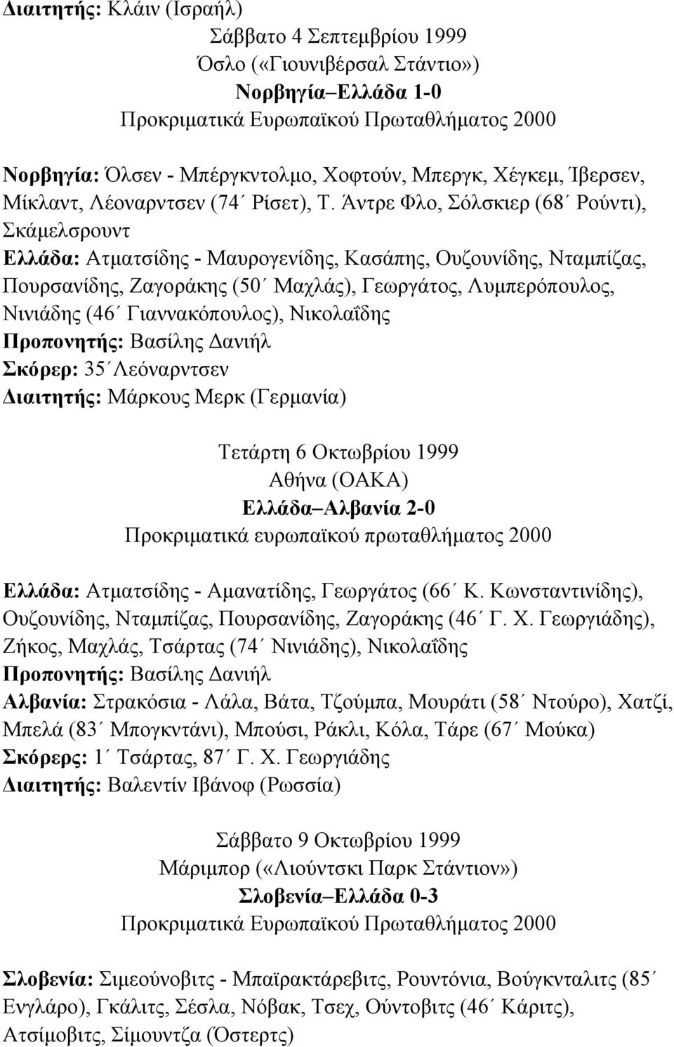 Άντρε Φλο, Σόλσκιερ (68 Ρούντι), Σκάµελσρουντ Ελλάδα: Ατµατσίδης - Μαυρογενίδης, Κασάπης, Ουζουνίδης, Νταµπίζας, Πουρσανίδης, Ζαγοράκης (50 Μαχλάς), Γεωργάτος, Λυµπερόπουλος, Νινιάδης (46