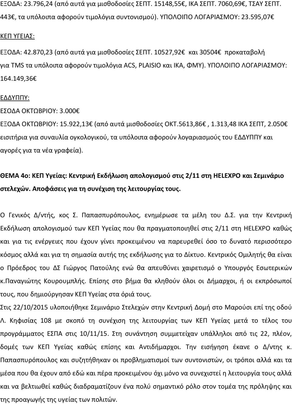 000 ΕΞΟΔΑ ΟΚΤΩΒΡΙΟΥ: 15.922,13 (από αυτά μισθοδοσίες ΟΚΤ.5613,86, 1.313,48 ΙΚΑ ΣΕΠΤ, 2.