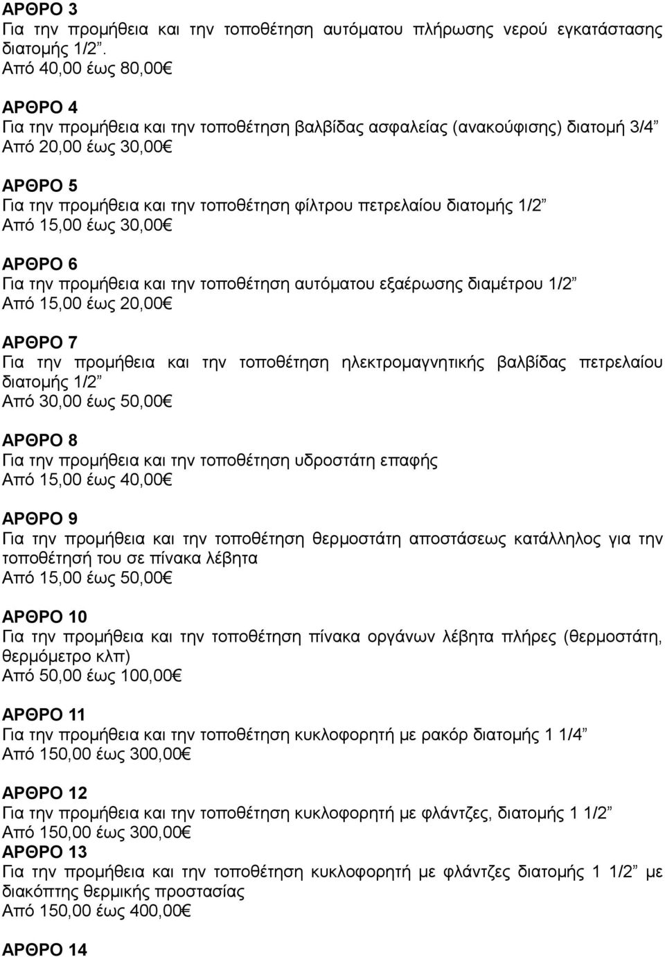 διατομής 1/2 Από 15,00 έως 30,00 ΑΡΘΡΟ 6 Για την προμήθεια και την τοποθέτηση αυτόματου εξαέρωσης διαμέτρου 1/2 Από 15,00 έως 20,00 ΑΡΘΡΟ 7 Για την προμήθεια και την τοποθέτηση ηλεκτρομαγνητικής