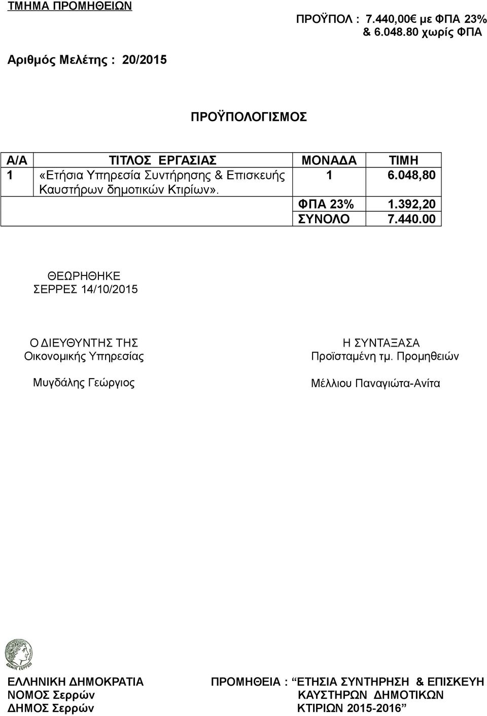 048,80 Καυστήρων δημοτικών Κτιρίων». ΦΠΑ 23% 1.392,20 ΣΥΝΟΛΟ 7.440.