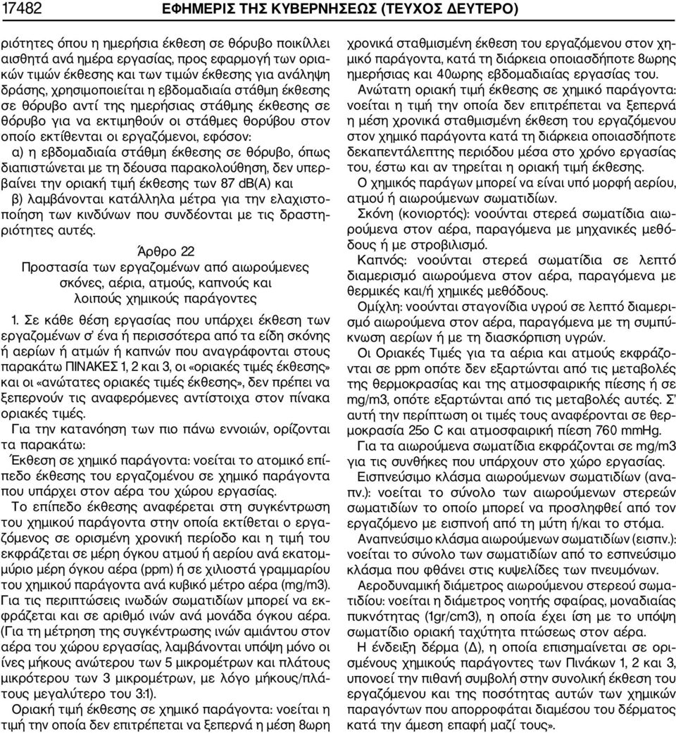 α) η εβδομαδιαία στάθμη έκθεσης σε θόρυβο, όπως διαπιστώνεται με τη δέουσα παρακολούθηση, δεν υπερ βαίνει την οριακή τιμή έκθεσης των 87 db(a) και β) λαμβάνονται κατάλληλα μέτρα για την ελαχιστο