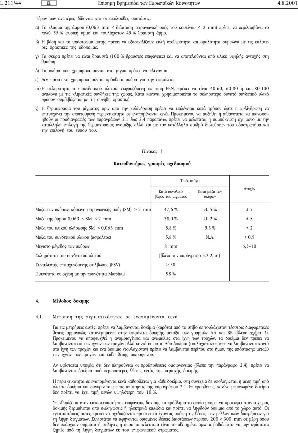 τουλάχιστον 45 % θραυστή άµµο. β) Η βάση και το υπόστρωµα αυτής πρέπει να εξασφαλίζουν καλή σταθερότητα και οµαλότητα σύµφωνα µε τις καλύτερες πρακτικές της οδοποιίας.