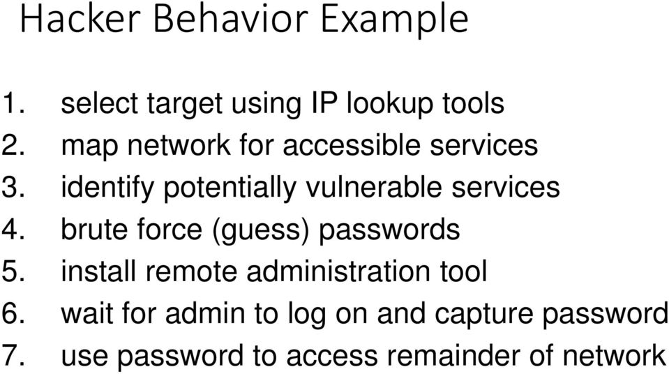 identify potentially vulnerable services 4. brute force (guess) passwords 5.