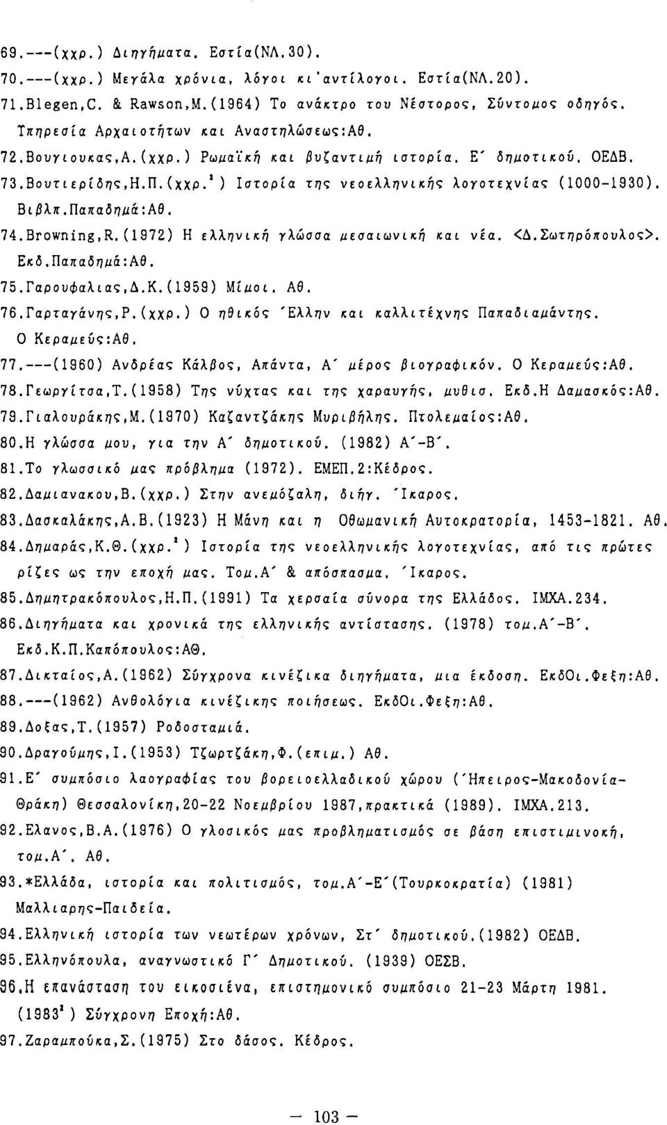 Bιβλπ.Παπαδη~ά:Aθ. 74.Browning,R. (1972) Η ελληνι<ή γλώσσα ~εσαιωνι<ή <αι νέα. <Δ.Σωτηρόπουλος>. E<δ.Παπαδη~ά:Aθ. 75.ΓαρουΦαλιας,Δ.Κ.(1959) Mί~oι. Αθ. 76.Γαρταγάνης,Ρ. (χχρ.