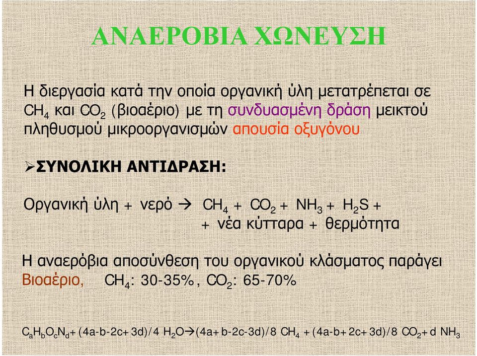 4 + CO 2 + NH 3 + H 2 S + + νέα κύτταρα + θερμότητα Η αναερόβια αποσύνθεση του οργανικού κλάσματος παράγει