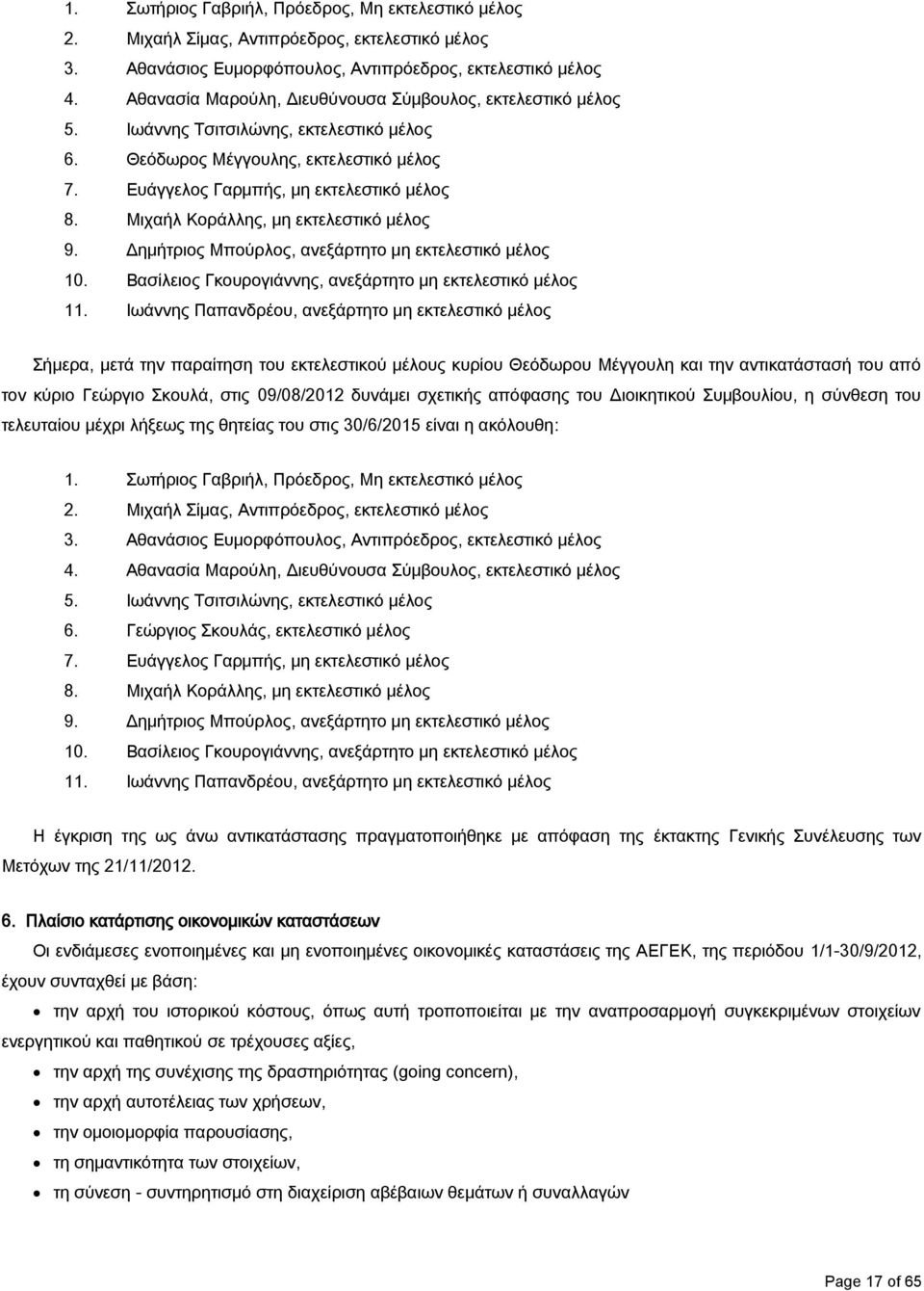 Μιχαήλ Κοράλλης, μη εκτελεστικό μέλος 9. Δημήτριος Μπούρλος, ανεξάρτητο μη εκτελεστικό μέλος 10. Βασίλειος Γκουρογιάννης, ανεξάρτητο μη εκτελεστικό μέλος 11.