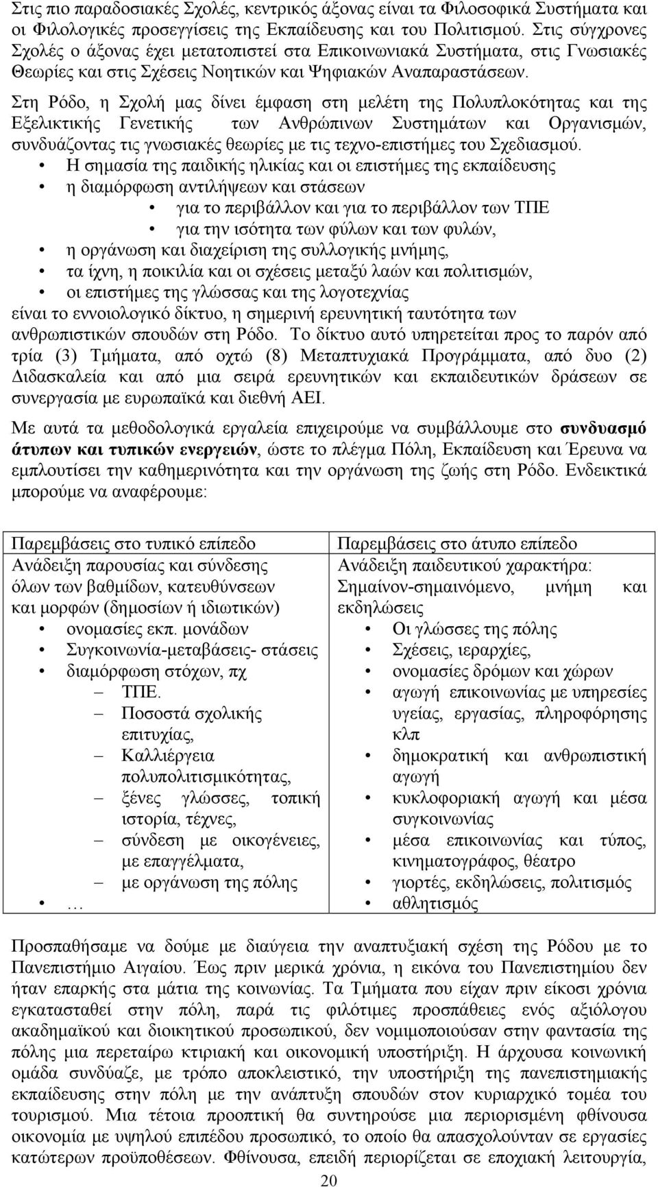 Στη Ρόδο, η Σχολή μας δίνει έμφαση στη μελέτη της Πολυπλοκότητας και της Εξελικτικής Γενετικής των Ανθρώπινων Συστημάτων και Οργανισμών, συνδυάζοντας τις γνωσιακές θεωρίες με τις τεχνο-επιστήμες του