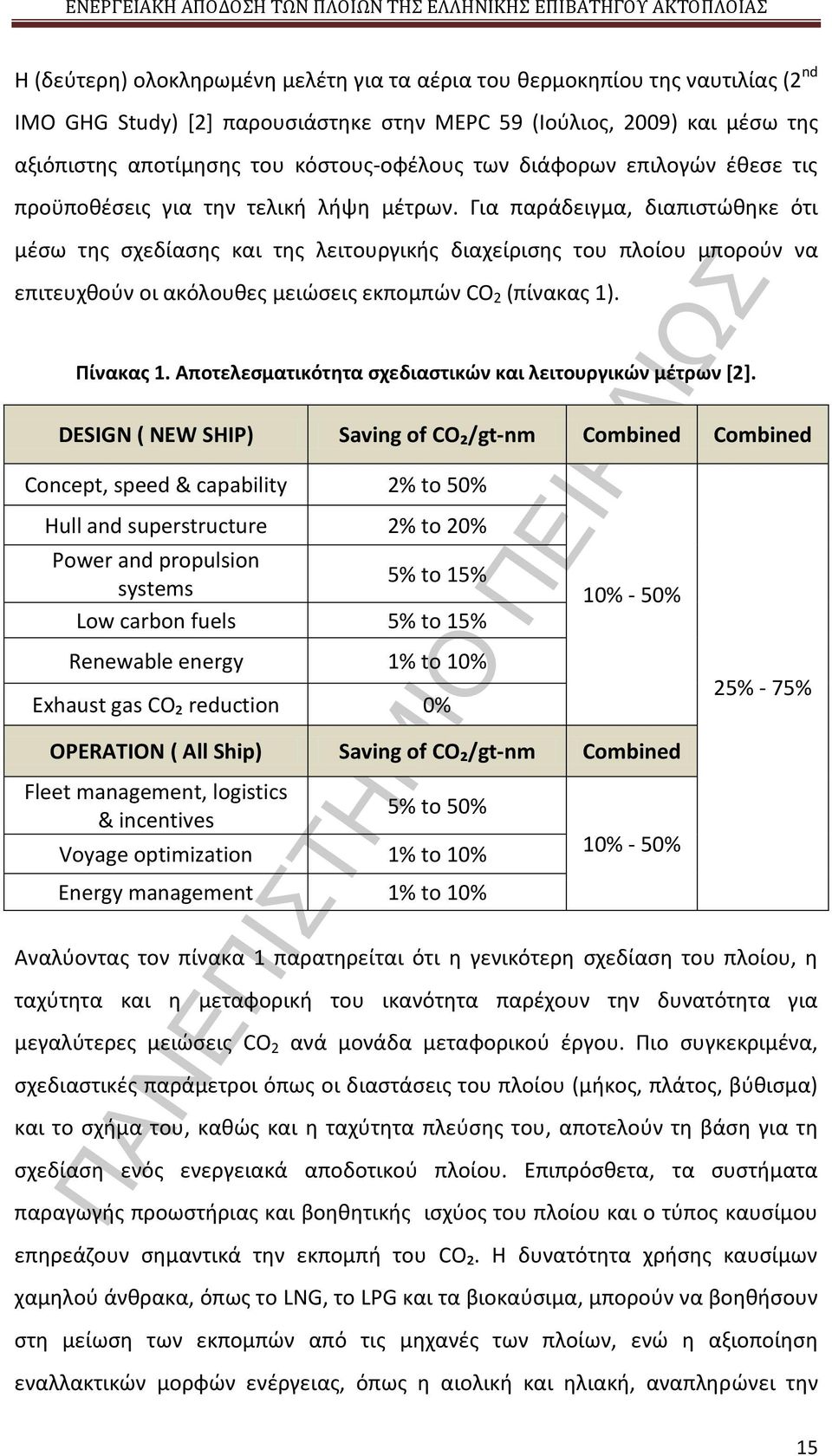 Για παράδειγμα, διαπιστώθηκε ότι μέσω της σχεδίασης και της λειτουργικής διαχείρισης του πλοίου μπορούν να επιτευχθούν οι ακόλουθες μειώσεις εκπομπών CO 2 (πίνακας 1). Πίνακας 1.