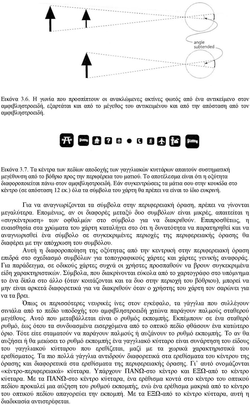 Το αποτέλεσµα είναι ότι η οξύτητα διαφοροποιείται πάνω στον αµφιβληστροειδή. Εάν συγκεντρώσεις τα µάτια σου στην κουκίδα στο κέντρο (σε απόσταση 12 εκ.