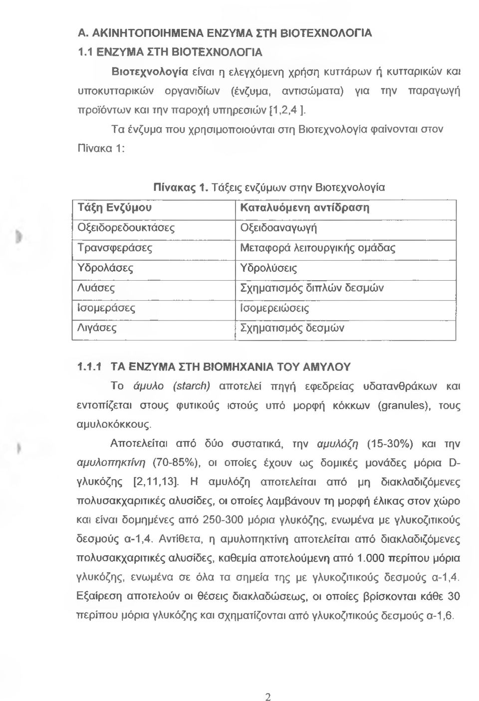 Τα ένζυμα που χρησιμοποιούνται στη Βιοτεχνολογία φαίνονται στον Πίνακα 1: Πίνακας 1.