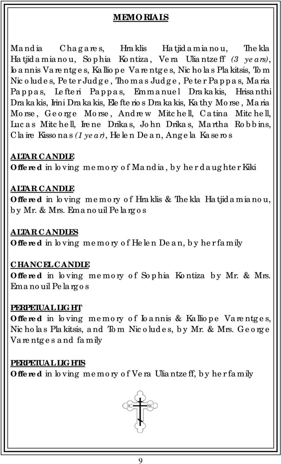 Catina Mitchell, Lucas Mitchell, Irene Drikas, John Drikas, Martha Robbins, Claire Kissonas (1 year), Helen Dean, Angela Kaseros ALTAR CANDLE Offered in loving memory of Mandia, by her daughter Kiki