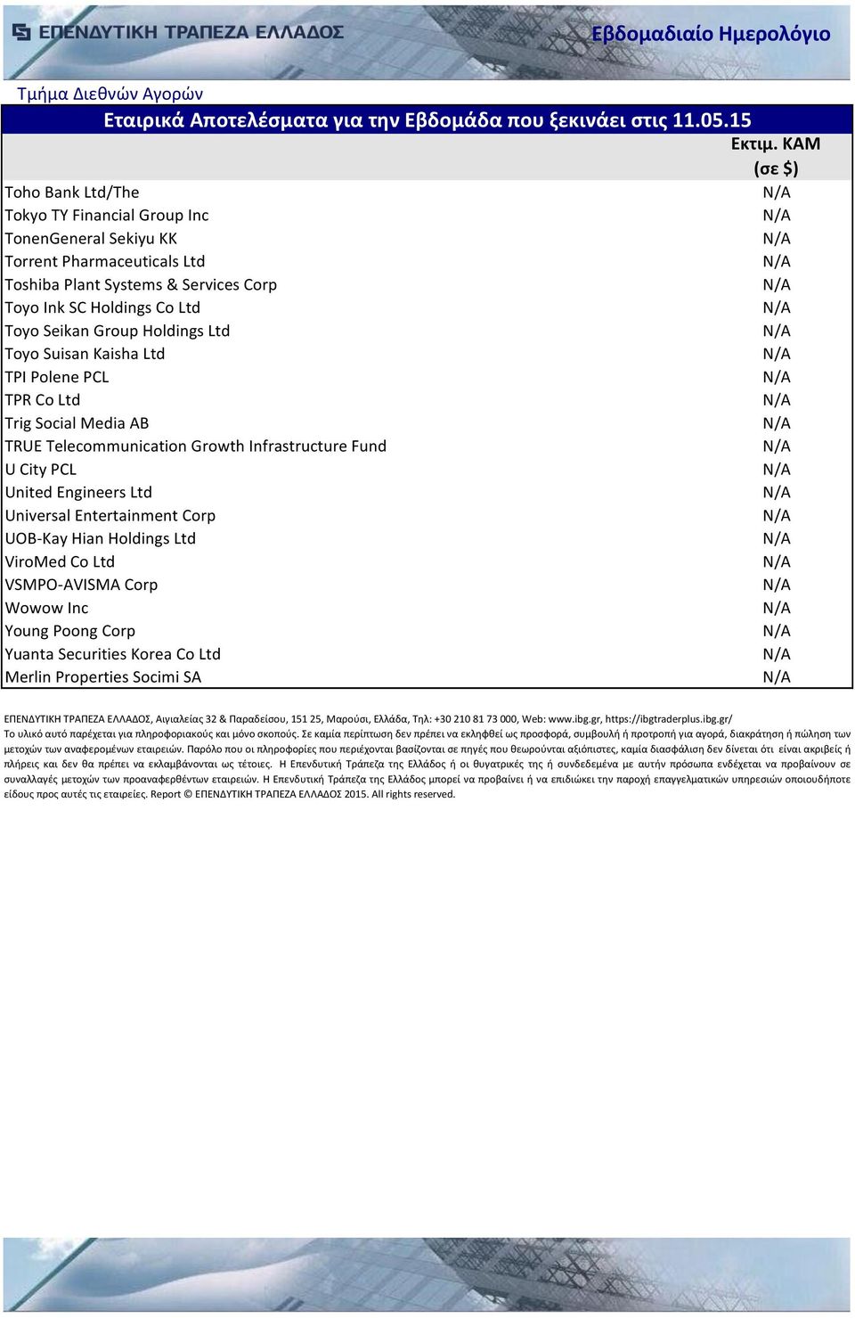 Ltd ViroMed Co Ltd VSMPO-AVISMA Corp Wowow Inc Young Poong Corp Yuanta Securities Korea Co Ltd Merlin Properties Socimi SA ΕΠΕΝΔΥΤΙΚΗ ΤΡΑΠΕΖΑ ΕΛΛΑΔΟΣ, Αιγιαλείας 32 & Παραδείσου, 151 25, Μαρούσι,