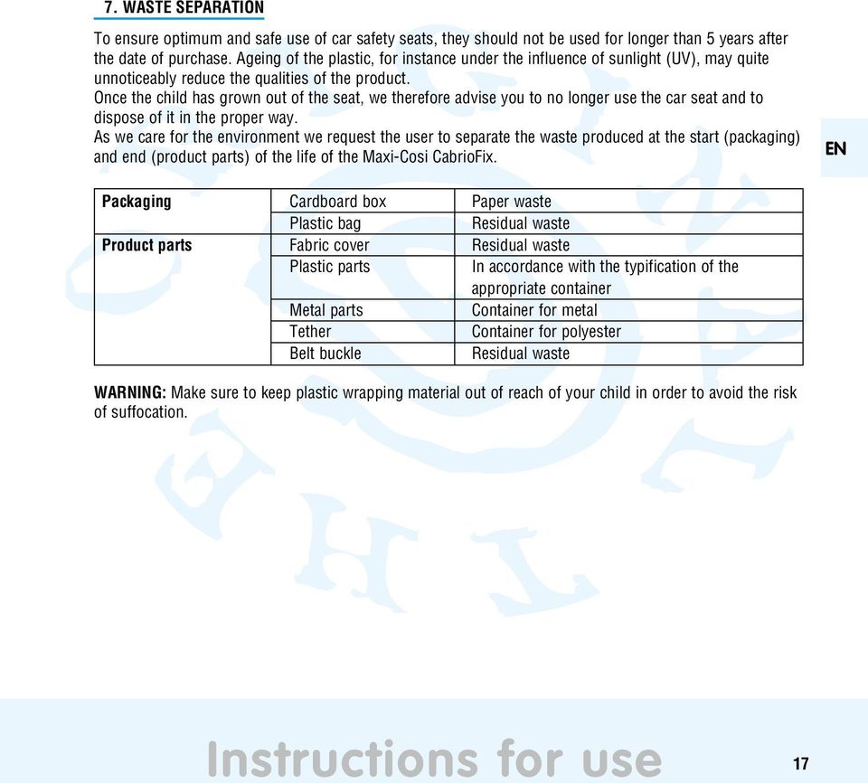 Once the child has grown out of the seat, we therefore advise you to no longer use the car seat and to dispose of it in the proper way.