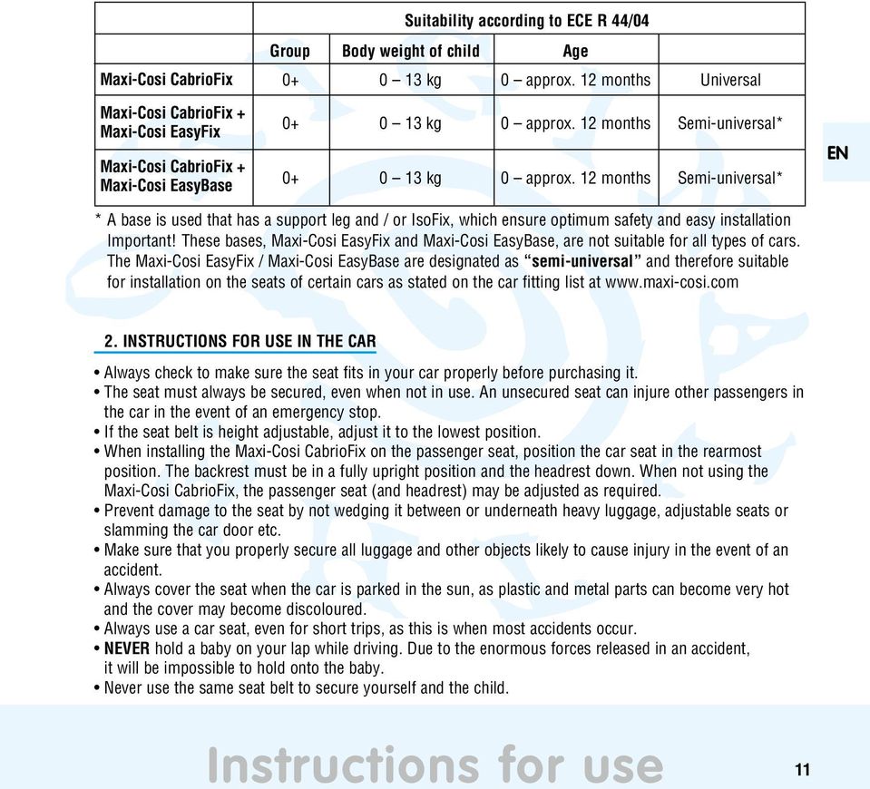 12 months Semi-universal* EN * A base is used that has a support leg and / or IsoFix, which ensure optimum safety and easy installation Important!