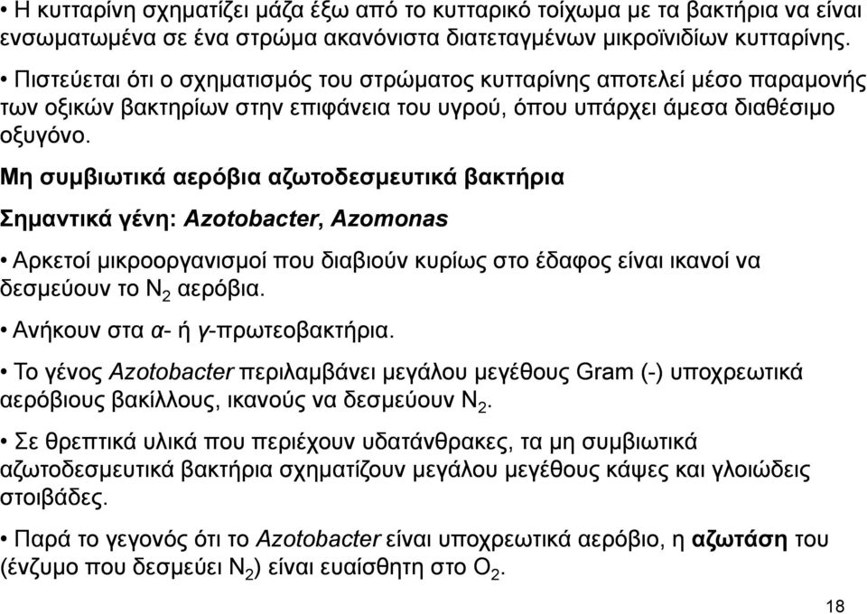 Μη συμβιωτικά αερόβια αζωτοδεσμευτικά βακτήρια Σημαντικά γένη: Αzotobacter zotobacter, Azomonas Αρκετοί μικροοργανισμοί που διαβιούν κυρίως στο έδαφος είναι ικανοί να δεσμεύουν το Ν 2 αερόβια.