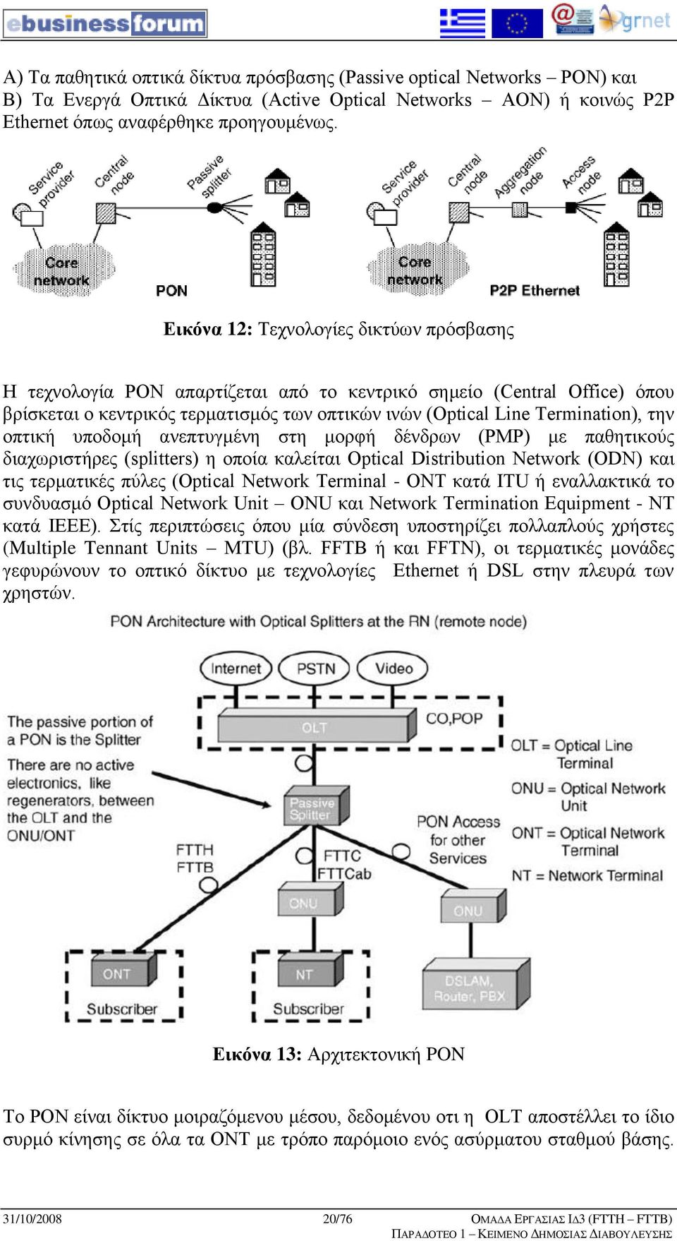 νπηηθή ππνδνκή αλεπηπγκέλε ζηε κνξθή δέλδξσλ (PMP) κε παζεηηθνχο δηαρσξηζηήξεο (splitters) ε νπνία θαιείηαη Optical Distribution Network (ODN) θαη ηηο ηεξκαηηθέο πχιεο (Optical Network Terminal - ONΣ