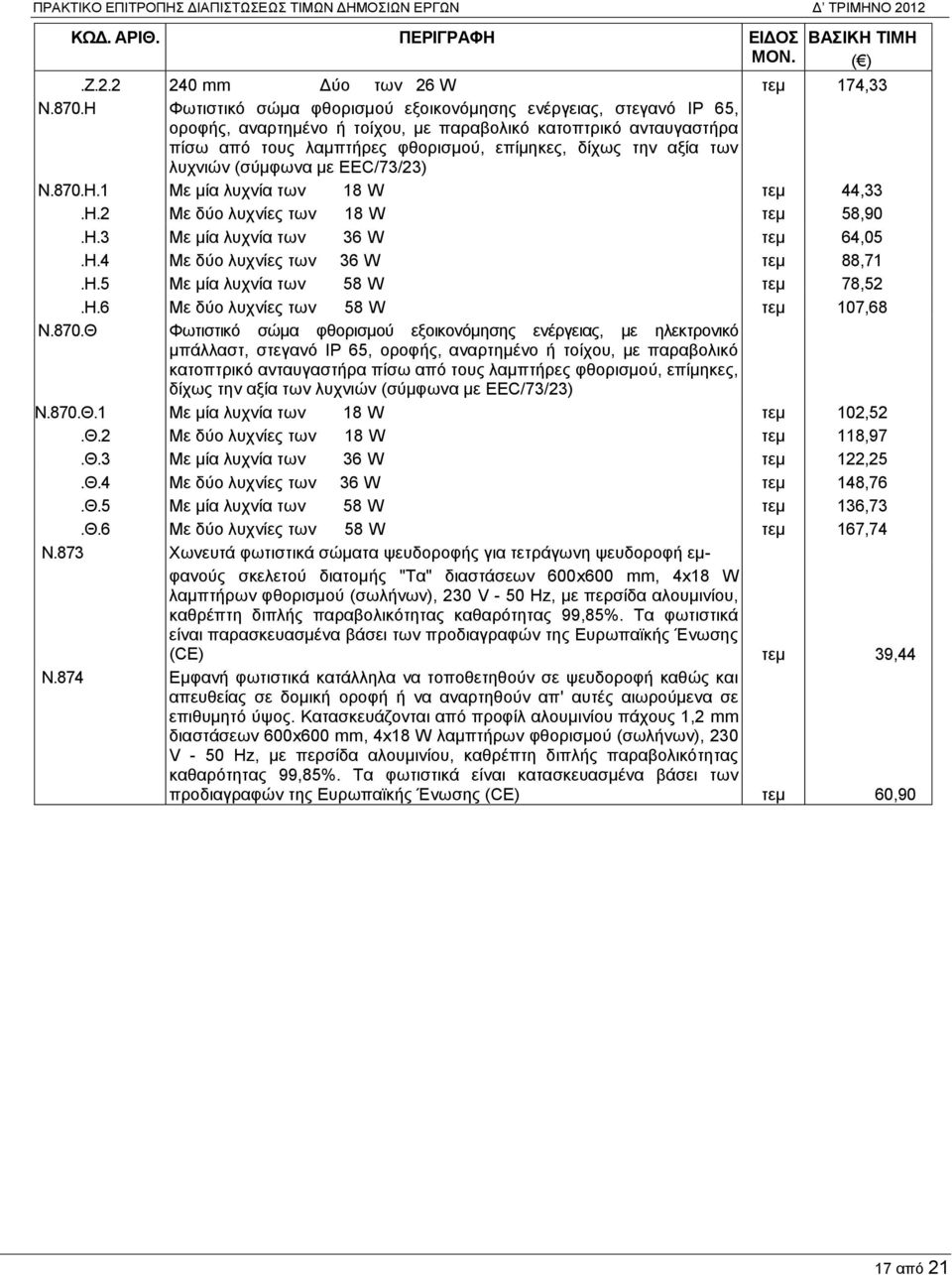 λυχνιών (σύμφωνα με EEC/73/23) Ν.870.Η.1 Με μία λυχνία των 18 W τεμ 44,33.Η.2 Με δύο λυχνίες των 18 W τεμ 58,90.Η.3 Με μία λυχνία των 36 W τεμ 64,05.Η.4 Με δύο λυχνίες των 36 W τεμ 88,71.Η.5 Με μία λυχνία των 58 W τεμ 78,52.