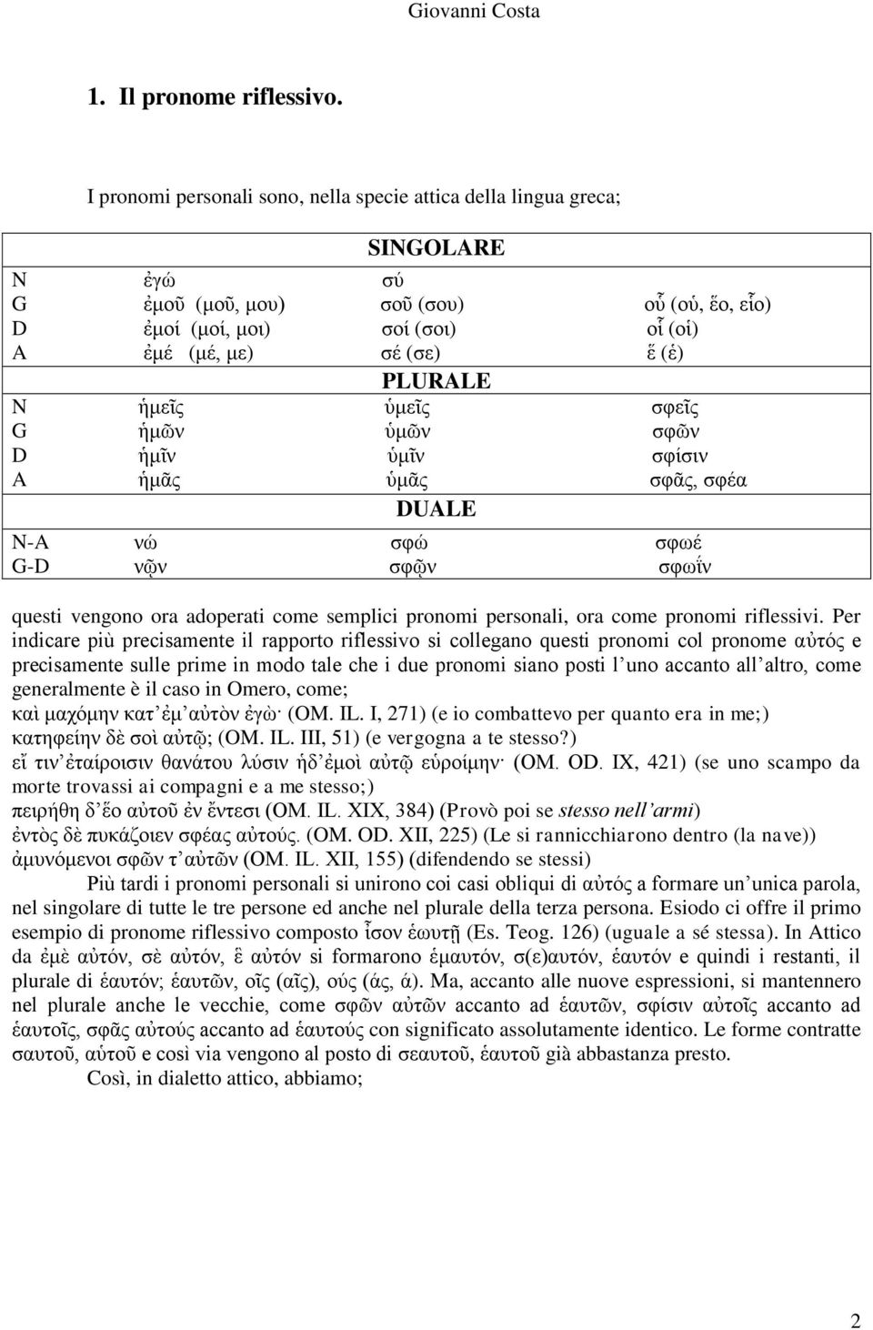 PLURALE N ἡμεῖς ὑμεῖς σφεῖς G ἡμῶν ὑμῶν σφῶν D ἡμῖν ὑμῖν σφίσιν A ἡμᾶς ὑμᾶς σφᾶς, σφέα DUALE N-A νώ σφώ σφωέ G-D νῷν σφῷν σφωΐν questi vengono ora adoperati come semplici pronomi personali, ora come