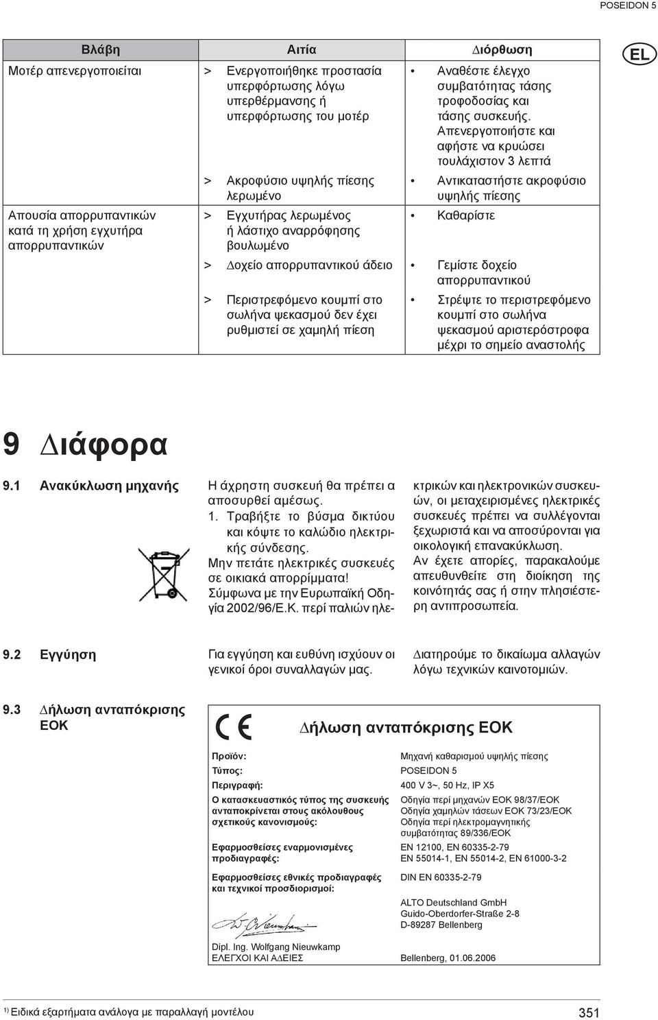 Απενεργοποιήστε και αφήστε να κρυώσει τουλάχιστον 3 λεπτά Αντικαταστήστε ακροφύσιο υψηλής πίεσης Καθαρίστε > οχείο απορρυπαντικού άδειο Γεμίστε δοχείο απορρυπαντικού > Περιστρεφόμενο κουμπί στο