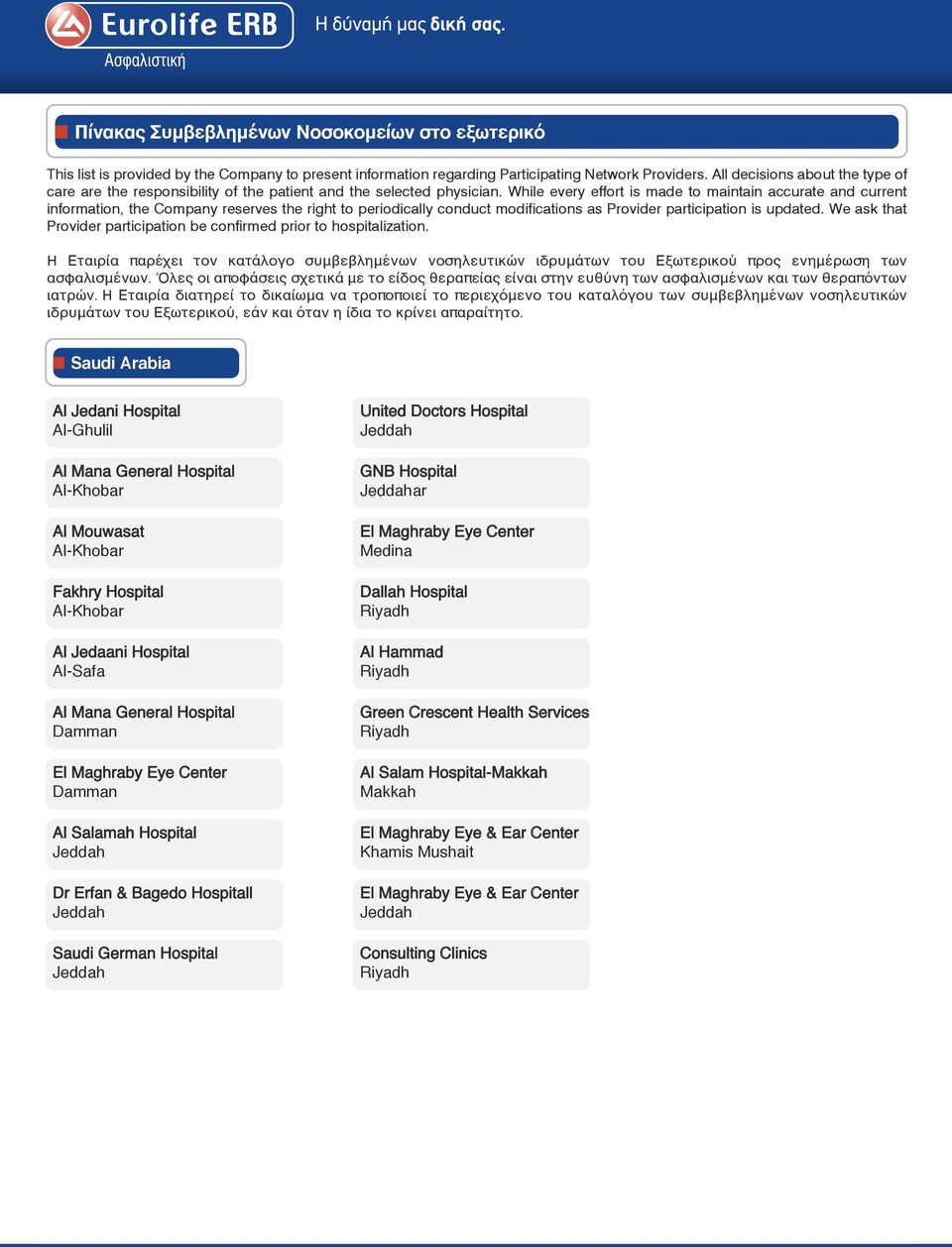 While every effort is made to maintain accurate and current information, the Company reserves the right to periodically conduct modifications as Provider participation is updated.