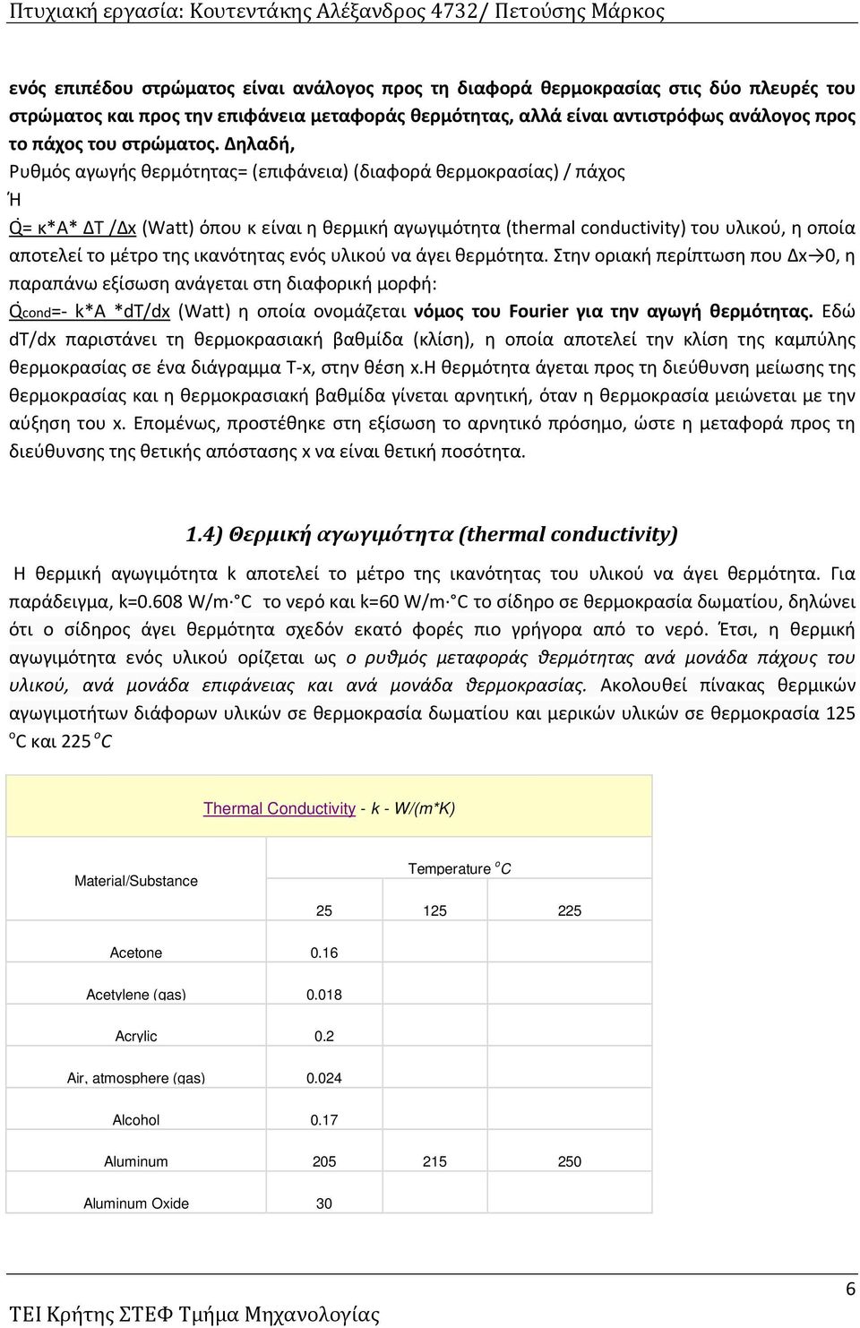Δηλαδή, Ρυθμός αγωγής θερμότητας= (επιφάνεια) (διαφορά θερμοκρασίας) / πάχος Ή Qi= κ*α* ΔΤ /Δx (Watt) όπου κ είναι η θερμική αγωγιμότητα (thermal conductivity) του υλικού, η οποία αποτελεί το μέτρο