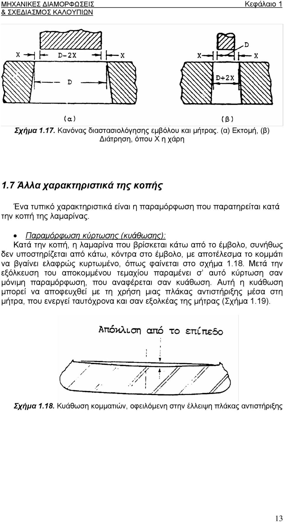Παραμόρφωση κύρτωσης (κυάθωσης): Κατά την κοπή, η λαμαρίνα που βρίσκεται κάτω από το έμβολο, συνήθως δεν υποστηρίζεται από κάτω, κόντρα στο έμβολο, με αποτέλεσμα το κομμάτι να βγαίνει ελαφρώς