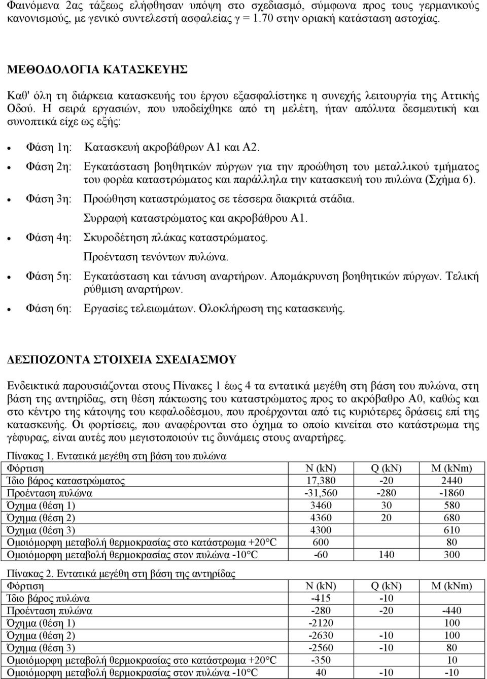 Η σειρά εργασιών, που υποδείχθηκε από τη µελέτη, ήταν απόλυτα δεσµευτική και συνοπτικά είχε ως εξής: Φάση 1η: Κατασκευή ακροβάθρων Α1 και Α2.