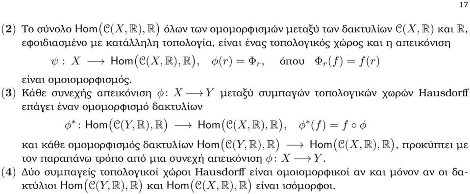 (3) Κάθε συνεχής απεικόνιση φ: X Y µεταξύ συµπαγών τοπολογικών χωρών Hausdorff επάγει έναν οµοµορφισµό δακτυλίων φ : Hom ( C(Y, R), R ) Hom ( C(X, R), R ), φ (f) = f φ και κάθε
