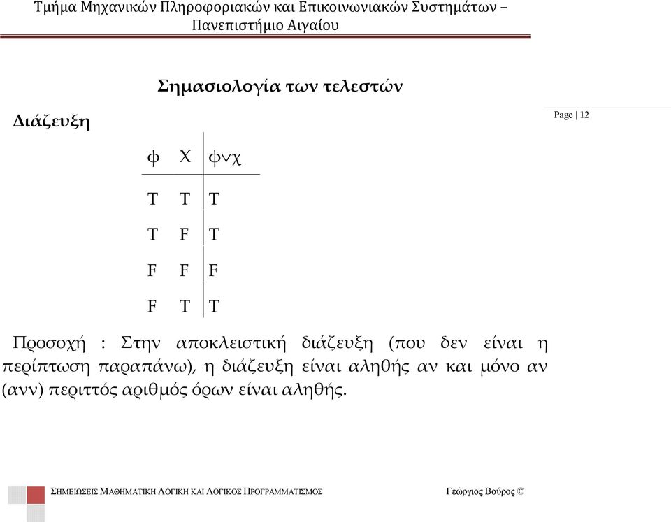 δεν είναι η περίπτωση παραπάνω), η διάζευξη είναι αληθής αν και μόνο αν (ανν) περιττός