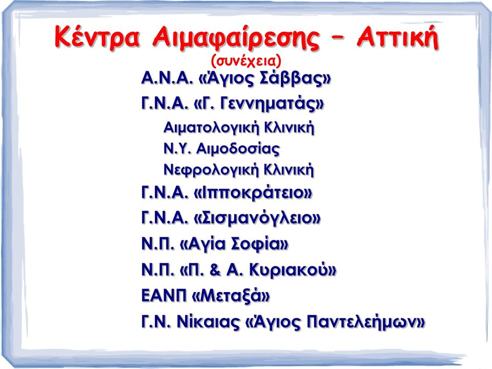 Αιμοδοσίας Νεφρολογική Κλινική Γ.Ν.Α. «Ιπποκράτειο» Γ.Ν.Α. «Σισμανόγλειο» Ν.