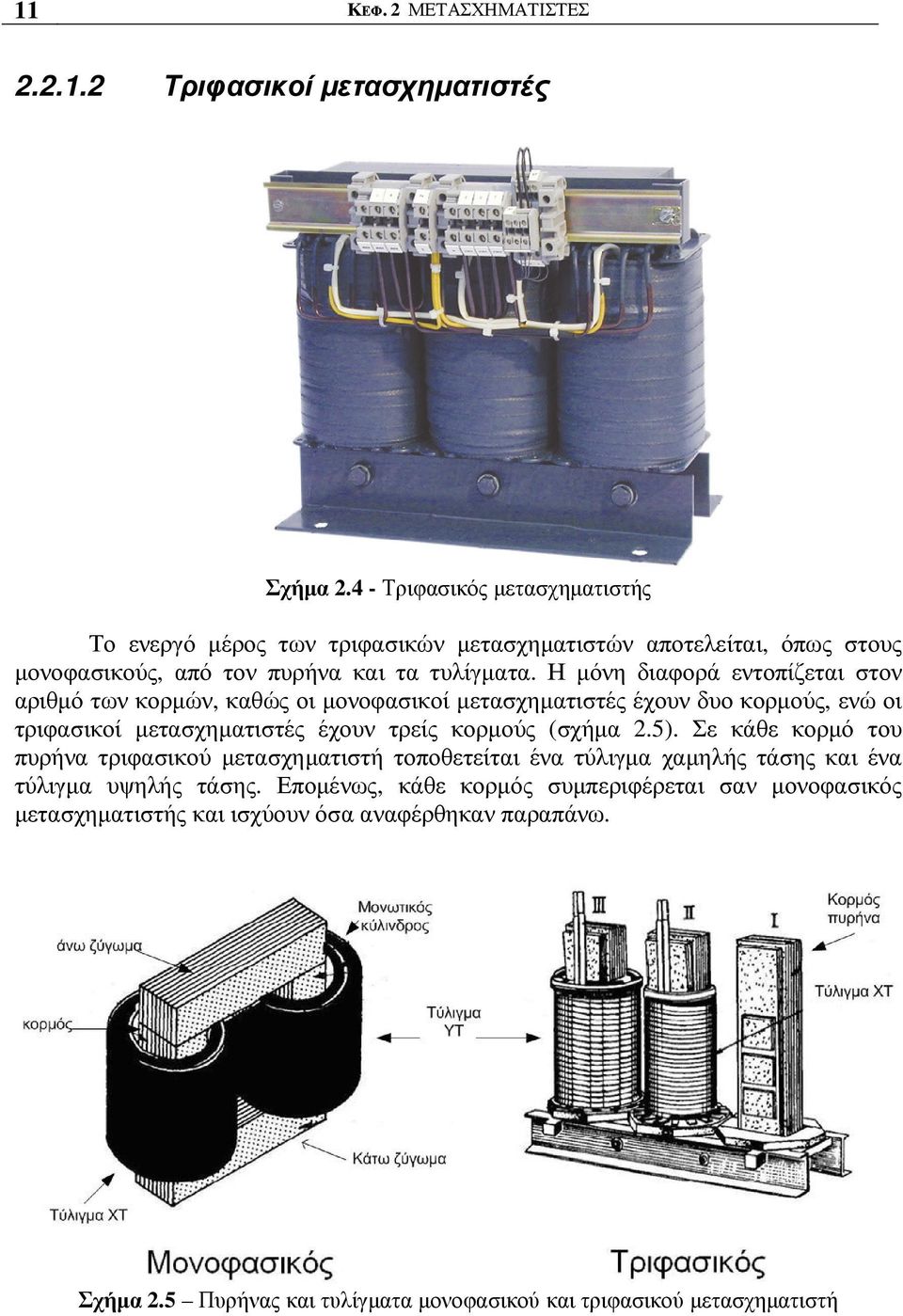 Η µόνη διαφορά εντοπίζεται στον αριθµό των κορµών, καθώς οι µονοφασικοί µετασχηµατιστές έχουν δυο κορµούς, ενώ οι τριφασικοί µετασχηµατιστές έχουν τρείς κορµούς (σχήµα 2.5).