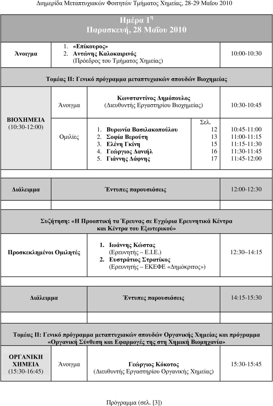 10:30-10:45 ΒΙΟΧΗΜΕΙΑ (10:30-12:00) Οµιλίες 1. Βυρωνία Βασιλακοπούλου 2. Σοφία Βερούτη 3. Ελένη Γκίνη 4. Γεώργιος ανιήλ 5. Γιάννης άφνης Σελ.