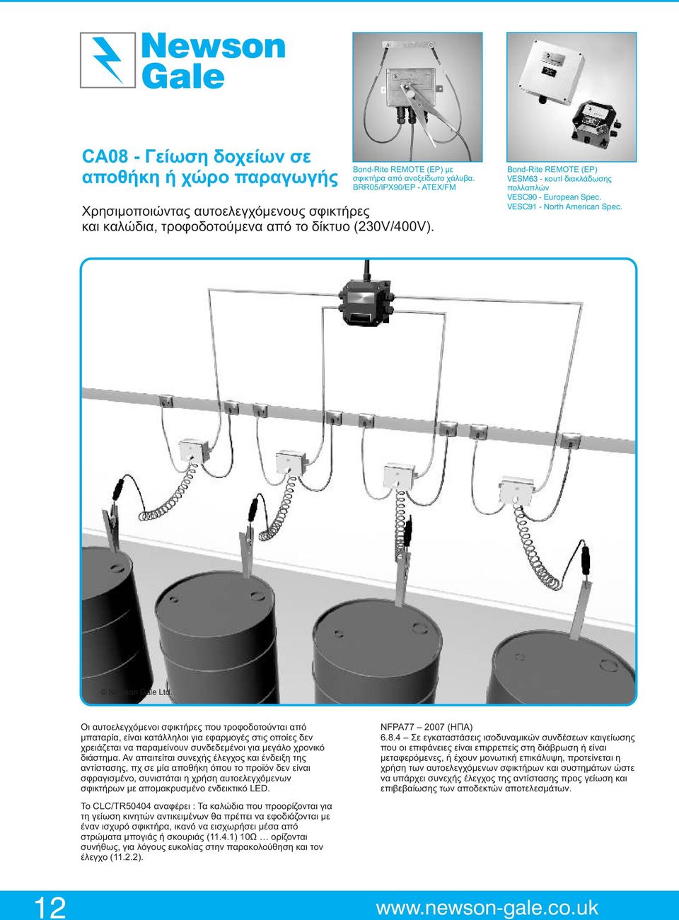Newson Ltd. Οι αυτοελεγχόμενοι σφικτήρες που τροφοδοτούνται από NFPA77 2007 (ΗΠΑ) μπαταρία, είναι κατάλληλοι για εφαρμογές στις οποίες δεν 6.8.