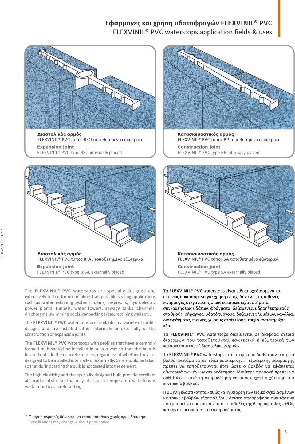 τύπος S τοποθετημένο εξωτερικά onstruction joint PV type S externally placed The PV waterstops are specially designed and extensively tested for use in almost all possible sealing applications such