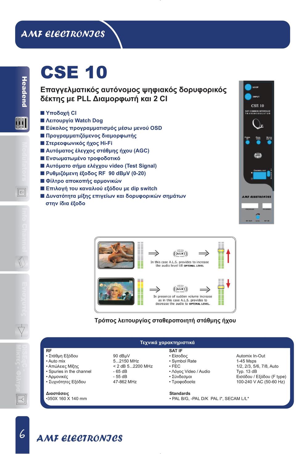 του καναλιού εξόδου µε dip switch υνατότητα µίξης επιγείων και δορυφορικών σηµάτων στην ίδια έξοδο Τρόπος λειτουργίας σταθεροποιητή στάθµης ήχου RF Στάθµη Εξόδου Auto mix Απώλειες Μίξης Spuries in