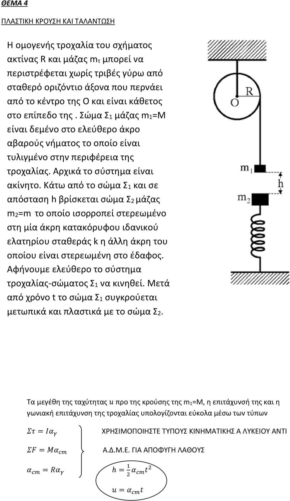 Κάτω από το σώμα Σ1 και σε απόσταση h βρίσκεται σώμα Σ μάζας m=m το οποίο ισορροπεί στερεωμένο στη μία άκρη κατακόρυφου ιδανικού ελατηρίου σταθεράς k η άλλη άκρη του οποίου είναι στερεωμένη στο