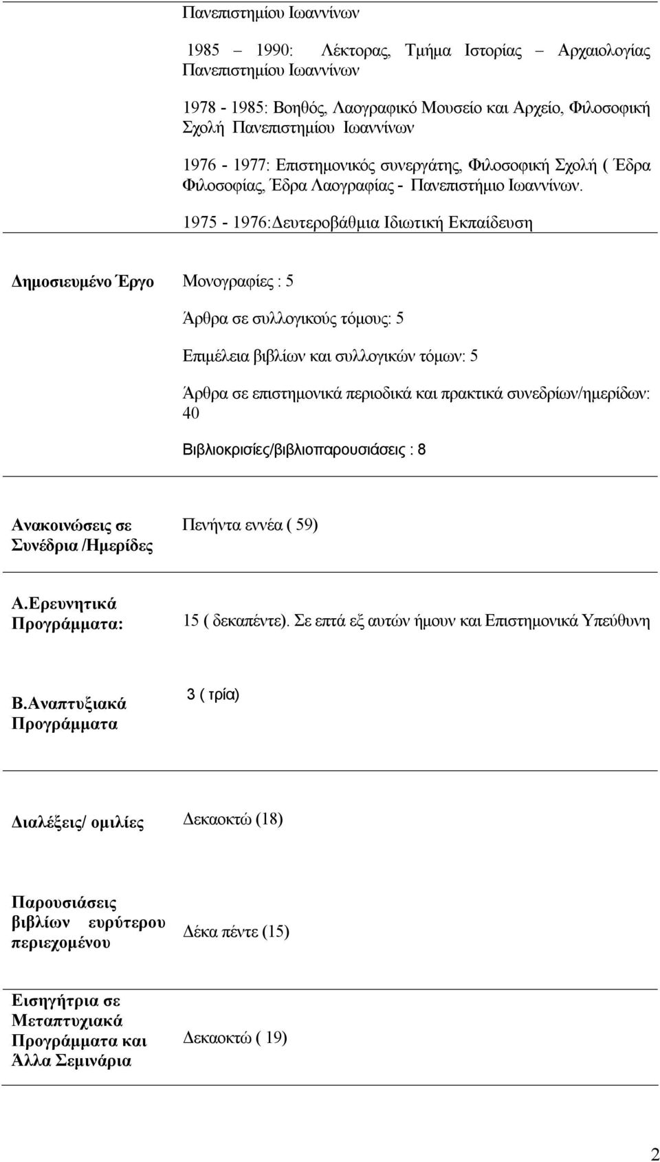 1975-1976:Δευτεροβάθμια Ιδιωτική Εκπαίδευση Δημοσιευμένο Έργο Μονογραφίες : 5 Άρθρα σε συλλογικούς τόμους: 5 Επιμέλεια βιβλίων και συλλογικών τόμων: 5 Άρθρα σε επιστημονικά περιοδικά και πρακτικά