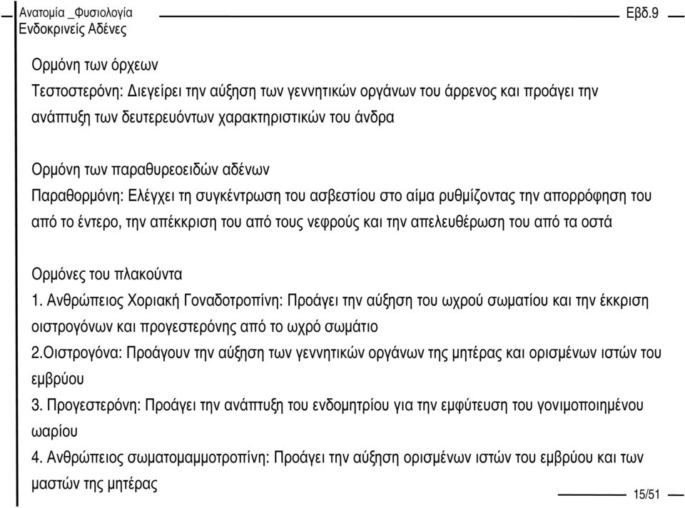 1. Ανθρώπειος Χοριακή Γοναδοτροπίνη: Προάγει την αύξηση του ωχρού σωµατίου και την έκκριση οιστρογόνων και προγεστερόνης από το ωχρό σωµάτιο 2.