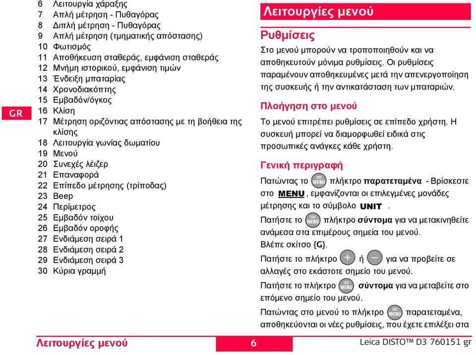 22 Επίπεδο μέτρησης (τρίποδας) 23 Beep 24 Περίμετρος 25 Εμβαδόν τοίχου 26 Εμβαδόν οροφής 27 Ενδιάμεση σειρά 1 28 Ενδιάμεση σειρά 2 29 Ενδιάμεση σειρά 3 30 Κύρια γραμμή Λειτουργίες μενού Ρυθμίσεις Στο