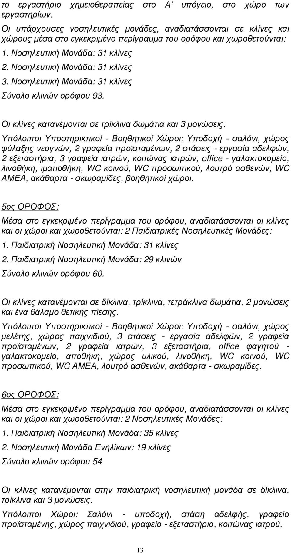 Νοσηλευτική Μονάδα: 31 κλίνες 3. Νοσηλευτική Μονάδα: 31 κλίνες Σύνολο κλινών ορόφου 93. Οι κλίνες κατανέµονται σε τρίκλινα δωµάτια και 3 µονώσεις.