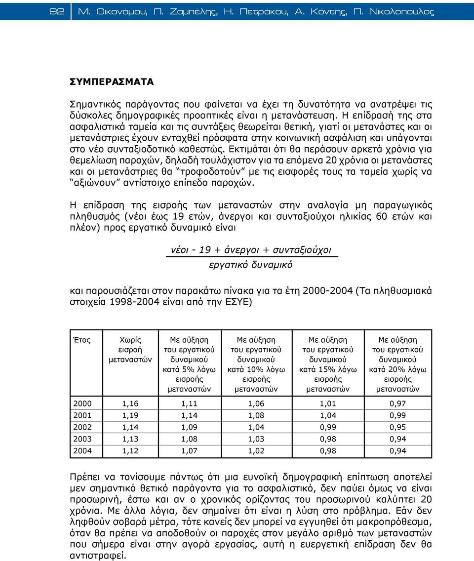 Η επίδρασή της στα ασφαλιστικά ταμεία και τις συντάξεις θεωρείται θετική, γιατί οι μετανάστες και οι μετανάστριες έχουν ενταχθεί πρόσφατα στην κοινωνική ασφάλιση και υπάγονται στο νέο συνταξιοδοτικό