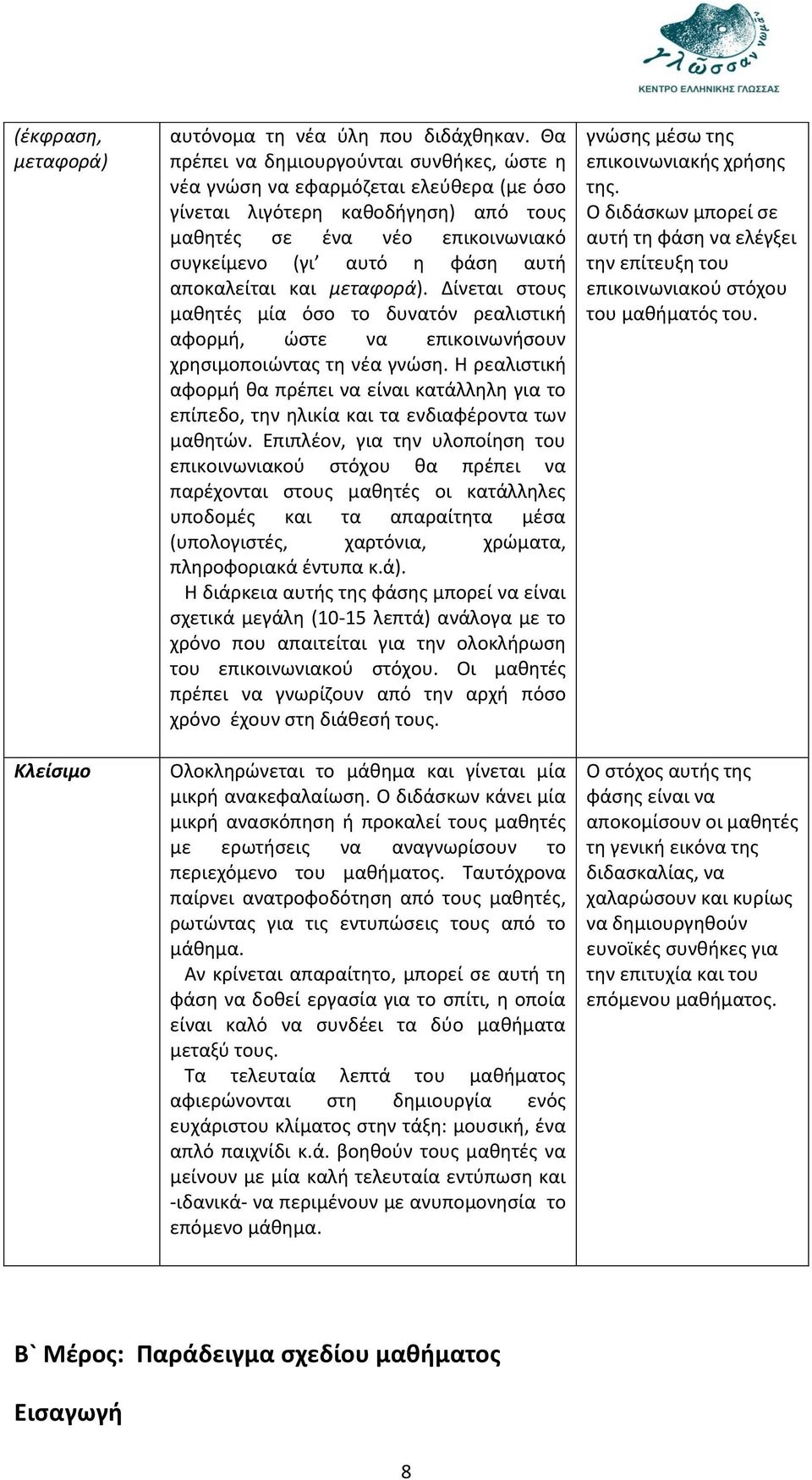 αποκαλείται και μεταφορά). Δίνεται στους μαθητές μία όσο το δυνατόν ρεαλιστική αφορμή, ώστε να επικοινωνήσουν χρησιμοποιώντας τη νέα γνώση.