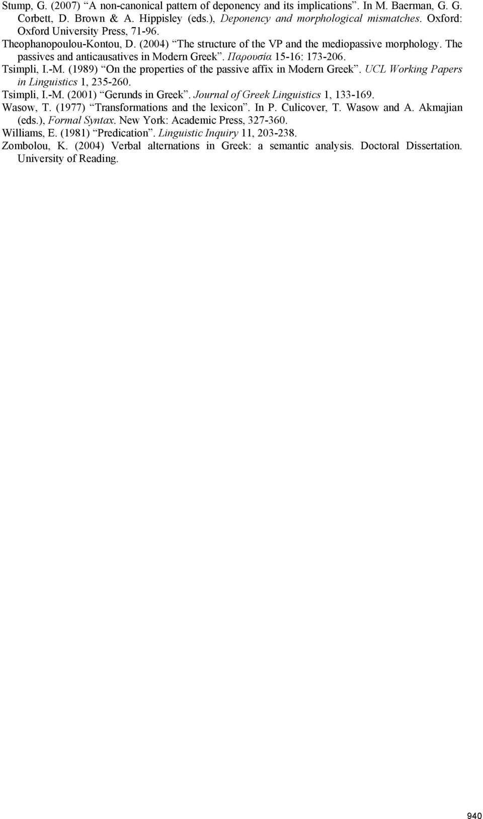 Παρουσία 15-16: 173-206. Tsimpli, I.-M. (1989) On the properties of the passive affix in Modern Greek. UCL Working Papers in Linguistics 1, 235-260. Tsimpli, I.-M. (2001) Gerunds in Greek.