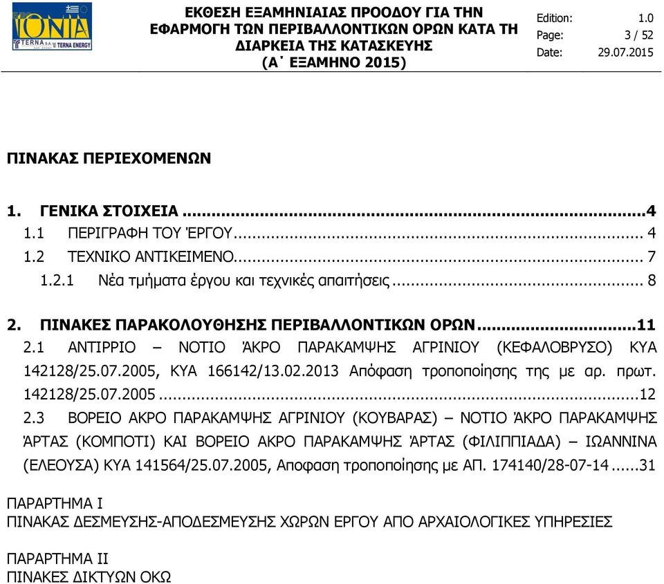 2005, ΚΥΑ 166142/13.02.2013 Απόφαση τροποποίησης της με αρ. πρωτ. 142128/25.07.2005...12 2.