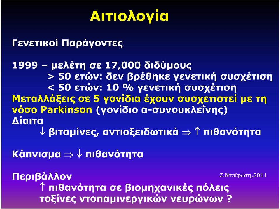 συσχετιστεί με τη νόσο Parkinson (γονίδιο α-συνουκλεΐνης) Δίαιτα βιταμίνες, αντιοξειδωτικά