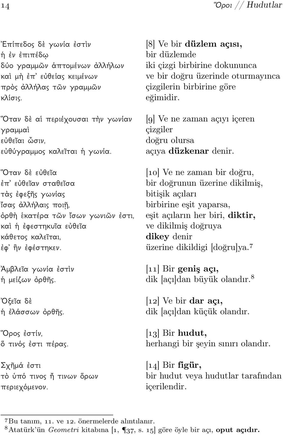 Οταν δὲ αἱ περιέχουσαι τὴν γωνίαν [9] Ve ne zaman açıyı içeren γραμμαὶ çizgiler εὐθεῖαιὦσιν, doğru olursa εὐθύγραμμος καλεῖται ἡ γωνία. açıya düzkenar denir.