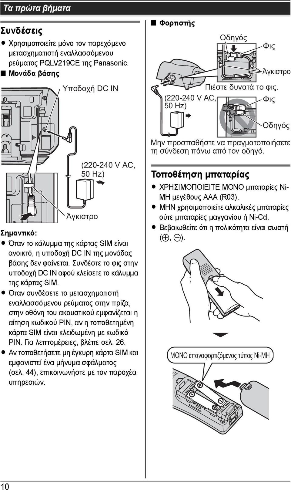 (220-240 V AC, Φις 50 Hz) Οδηγός (220-240 V AC, 50 Hz) Άγκιστρο Σηµαντικό: L Όταν το κάλυµµα της κάρτας SIM είναι ανοικτό, η υποδοχή DC IN της µονάδας βάσης δεν φαίνεται.