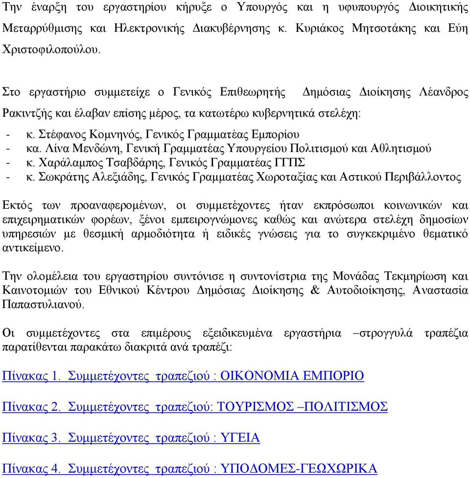 Στέφανος Κομνηνός, Γενικός Γραμματέας Εμπορίου - κα. Λίνα Μενδώνη, Γενική Γραμματέας Υπουργείου Πολιτισμού και Αθλητισμού - κ. Χαράλαμπος Τσαβδάρης, Γενικός Γραμματέας ΓΓΠΣ - κ.